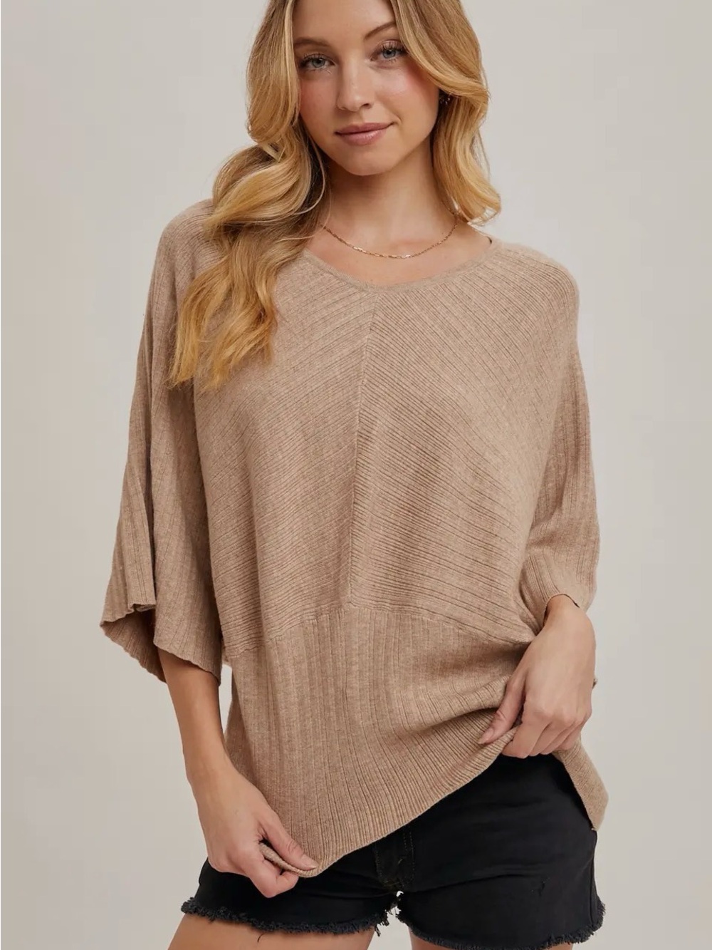 Bluivy Sand V-Neck Dolman 3/4 Sleeved Knit Pullover Sweater